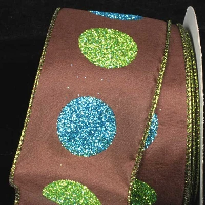 The Ribbon People Brown and Green Glitter Dots Wired Craft Ribbon 2.5" x 40 Yards