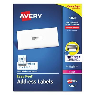 Avery Easy Peel White Address Labels w/ Sure Feed Technology Laser Printers x White /Sheet 100 Sheets/Box