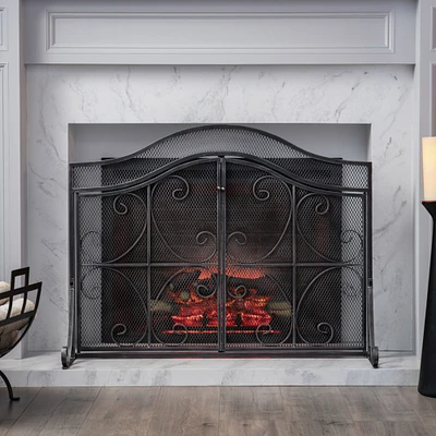 GDFStudio Gary Modern Three Panel Iron Firescreen with Door