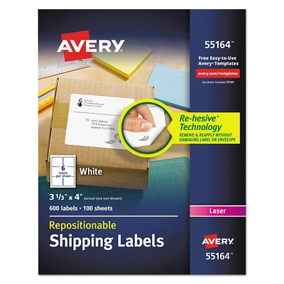 Avery Repositionable Shipping Labels w/SureFeed Laser 3 1/3 x 4 White 600/Box