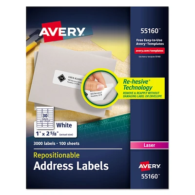 Avery Repositionable Address Labels w/SureFeed Laser 1 x 2 5/8 White 3000/Box