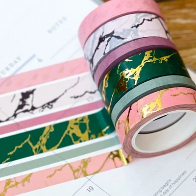 FOILED Marble Gold Green & Pink Modern Spring Minimalist Washi Tape Set (#W053)