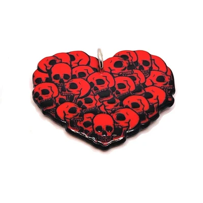 1, 4 or 20 Pieces: Red Punk Rocker Valentine's Day Heart Charm with Skulls Charm: Double Sided
