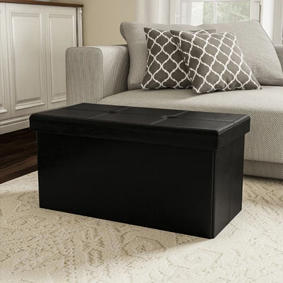 Lavish Home Black 30 x 15 Large Foldable Storage Bench Ottoman  Tufted Faux Leather Cube Organizer Furniture