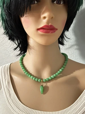 Angelite moonstone necklace with green jade pendant, gemstone beaded woman choker, green necklace, gift for woman, necklaces under 25