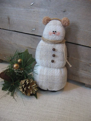 Primitive Tan Plaid Plush Snowman 7" Tall