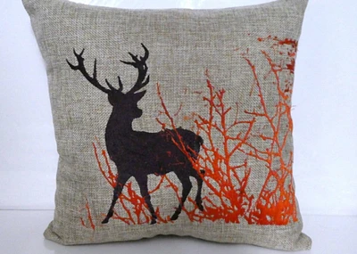 Deer Pillow, Embroidered Burlap Deer Pillow
