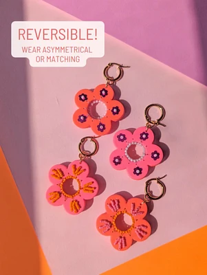 Hot Pink - Reversible Flower Earrings, Hot Pink, Neon Orange, Everyday Earrings, Statement Flower, Lightweight Flower Earrings, Neon Flower