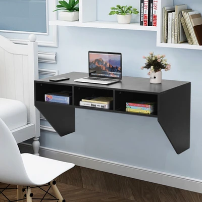 Wall Mounted Floating Sturdy Computer Table with Storage Shelf