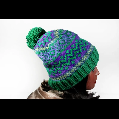 Winter Hat, Hand Knit, Fair Isle, Floral, Greens and Purple, Pom Pom, Pull-Over, Ski Hat