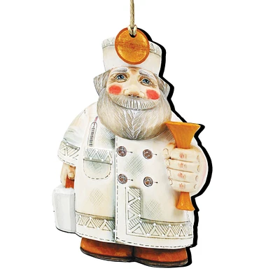 Designocracy Set of 2 Doctor Santa Wooden Christmas Ornaments 5.5"