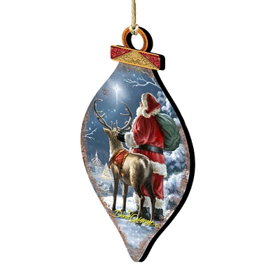 Designocracy Set of 2 Santa with a Reindeer in a Starry Night Wooden Ornaments 5.5"