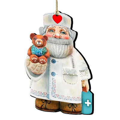 Designocracy Set of 2 Doctor Santa and Teddy Bear Wooden Christmas Ornaments 5.5"
