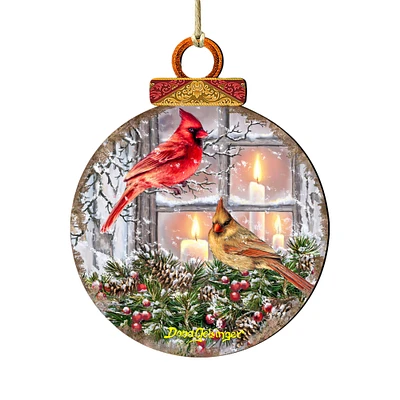 Designocracy Set of 2 Winter House with Cardinals Round Wooden Christmas Ornaments 5.5"