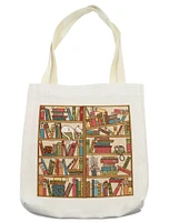 Ambesonne Cat Tote Bag, Nerd Book Lover Kitty Sleeping over Bookshelf Library Academics Feline Boho Design, Cloth Linen Reusable Bag for Shopping Books Beach and More, 16.5" X 14", Multicolor