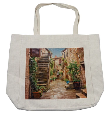 Ambesonne Italian Shopping Bag, View of Old Mediterranean Street Stone Rock Houses in Italy City Rural Print, Eco-Friendly Reusable Bag for Groceries Beach and More, 15.5" X 14.5", Multicolor