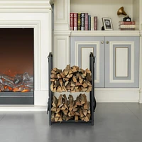 Indoor and Outdoor Patio Iron Firewood Log Cart with Fireplace Tool Rack, Black