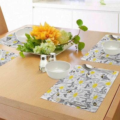 Ambesonne Grey Place Mats Set of 4, Daisy Flowers Bees in Spring Time Honey Petals Floret Nature Purity Blooming, Washable Fabric Placemats for Dining Table, Standard Size, Yellow White