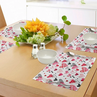 Ambesonne Valentine Place Mats Set of 4, Different Types of Heart Shapes Romance Love Theme Watercolor Striped Art, Washable Fabric Placemats for Dining Table, Standard Size, Pink Black White