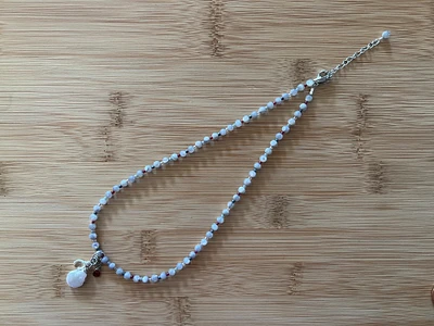 N175 - Gray Mother of Pearl, ToHo glass, Garnet, Crystal Quartz, Freshwater Pearl, Silver Plate and Stainless Steel Beaded Charm Necklace
