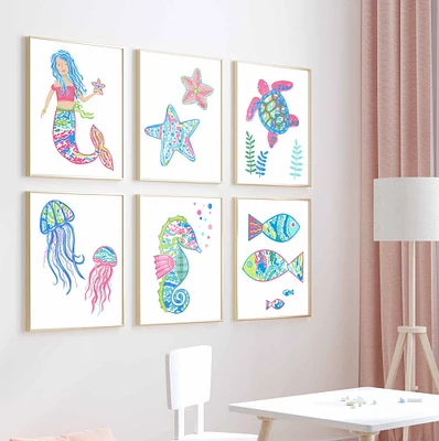 Set of 6 Lilly Mermaid Art Prints for girl Nursery or Bedroom, Bathroom Wall Décor
