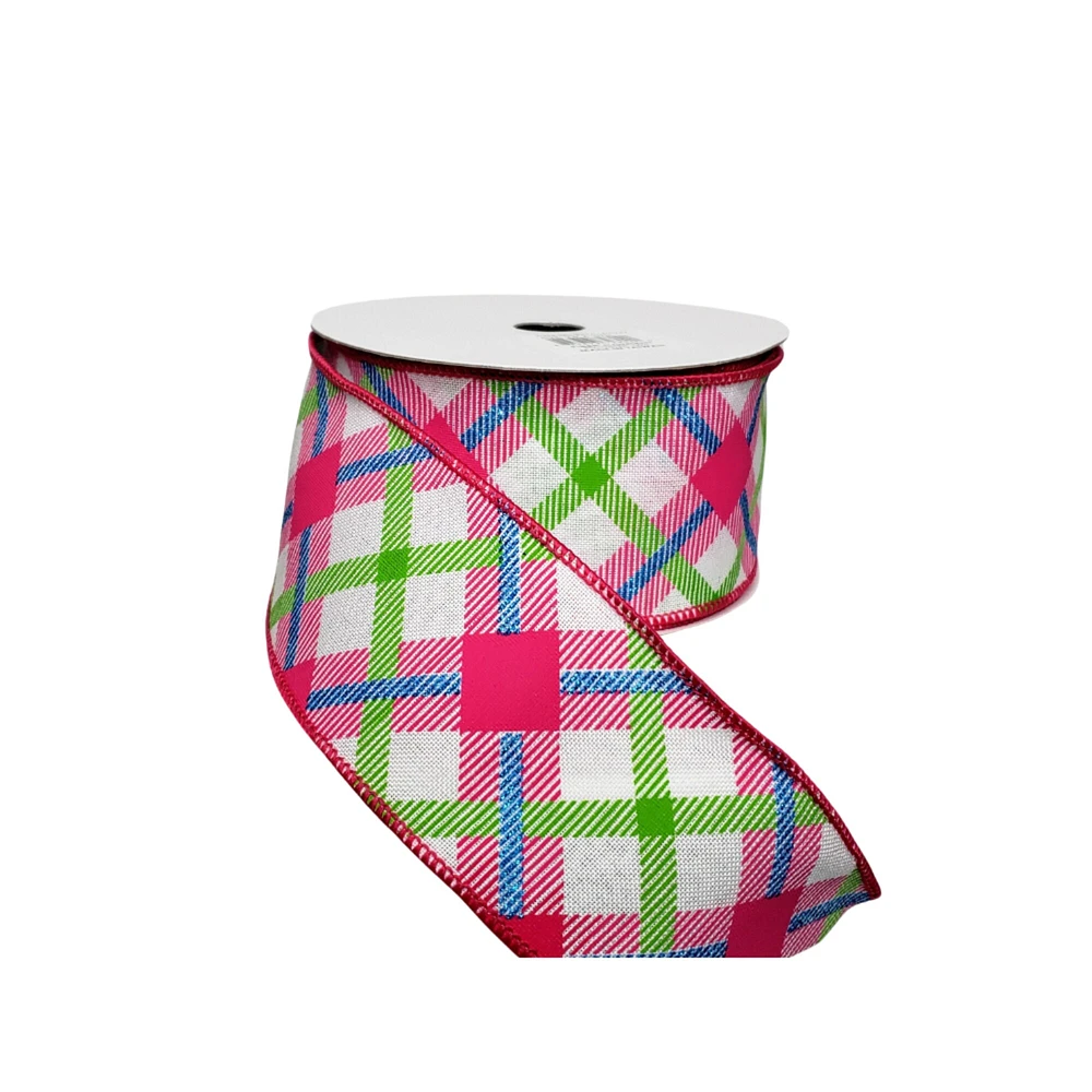 Vibrant Easter & Spring Plaid Wired Ribbon - White/Lime/Hot Pink/Blue - 2.5"x10YD (RGA143327)