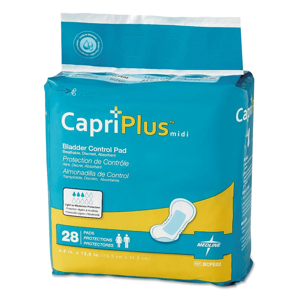 Medline Capri Plus Bladder Control Pads, Extra Plus, 6.5" x 13.5", 28/Pack, 6/Carton