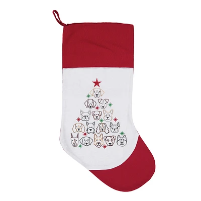 Dog Themed Embroidered Christmas Stocking on White Background with Red Cuff Features Dog Face Christmas Tree Stocking, 20.0 in.