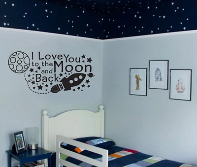 Nursery Kids Wall Art Decor Quote - Outer Space Ship Rocket - I Love you to the Moon and back - Stars Moon Boy's Room -587