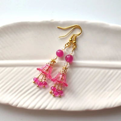 Handmade Fuchsia Pink Bell Flower, Glass Crystals and Agate Gold Tone Earrings