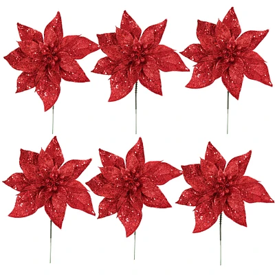 12-Pack: Red Glitter Poinsettia Picks, 8.5" Wide, Festive Holiday Accents, Christmas Picks, for Trees, Wreaths, & Garlands, Home & Office Decor