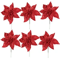 12-Pack: Red Glitter Poinsettia Picks, 8.5" Wide, Festive Holiday Accents, Christmas Picks, for Trees, Wreaths, & Garlands, Home & Office Decor