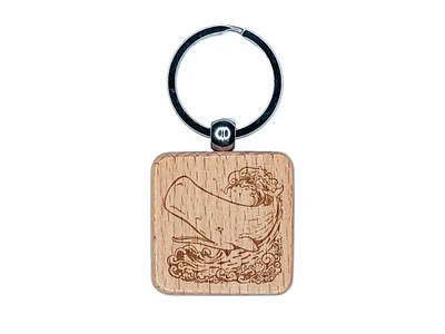 Sperm Whale on Ocean Waves Engraved Wood Square Keychain Tag Charm