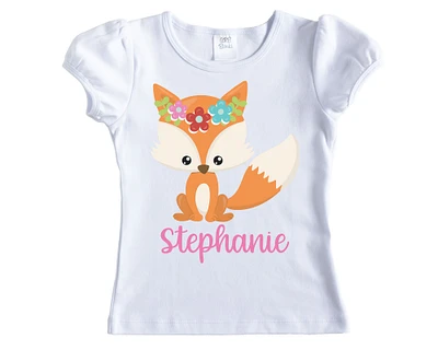 Floral Fox Girls Personalized Shirt - Short Sleeves