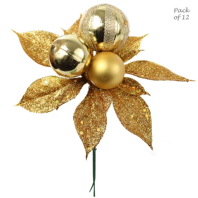 Set of 12: Sparkling Gold Glitter Poinsettia Picks with 3 Ornament Balls | Festive Accents | Christmas Picks | Party & Event | Home & Office Decor