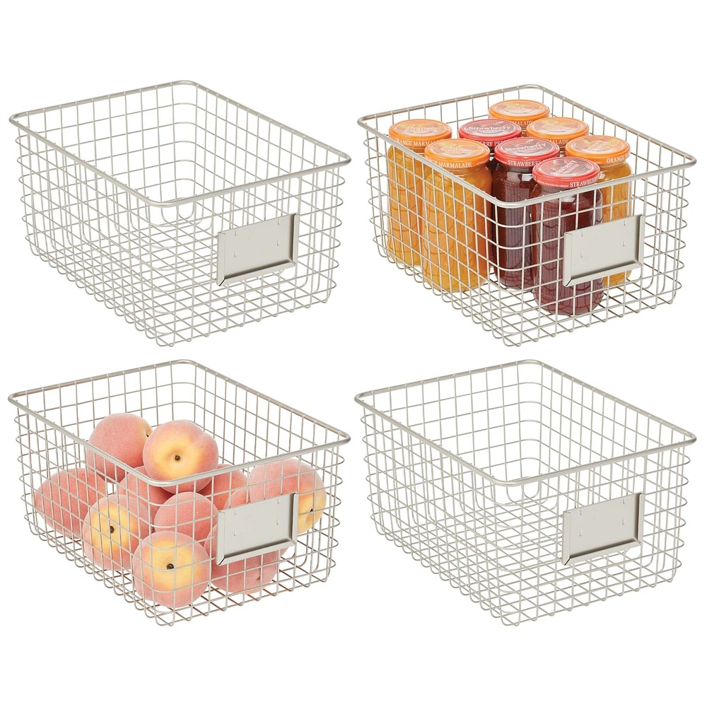 mDesign Large Steel Kitchen Organizer Basket with Label Slot, 4 Pack