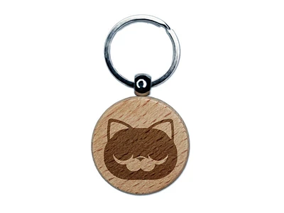Round Cat Face Sleepy Engraved Wood Round Keychain Tag Charm