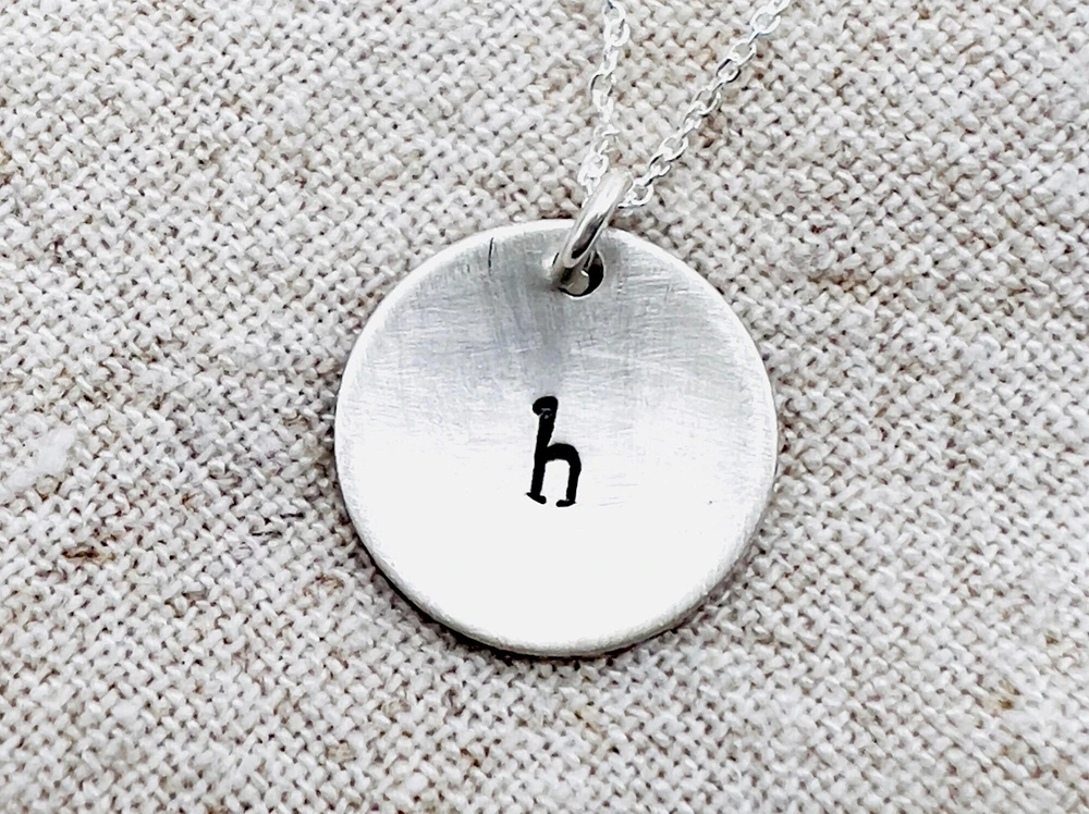 Sterling Silver Initial Necklace, Personalized Necklace, Silver dome Pendant, Hand Stamped initial Charm, Gift for her