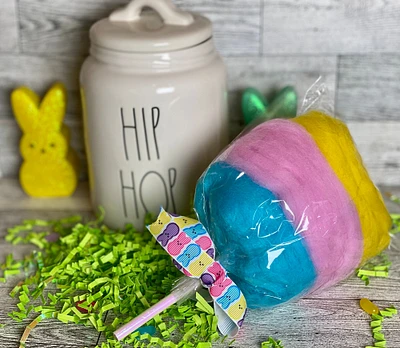 Faux Food Small Easter Peeps Inspired Tri-Colored Cotton Candy Stick with Bunny Peeps Ribbon