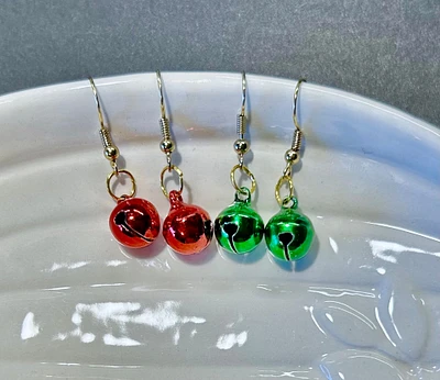 Christmas Holiday Red and Green Bell Ornaments Dangle Earrings by RML Jewelry