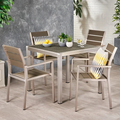 GDF Studio Jodie Outdoor Modern Aluminum 4 Seater Dining Set with Faux Wood Seats