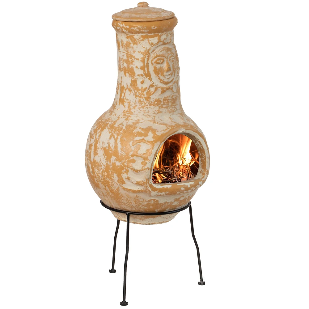 Vintiquewise Outdoor Clay Chiminea Fireplace Sun Design Wood Burning Fire Pit with Sturdy Metal Stand, Barbecue, Cocktail Party, Cozy