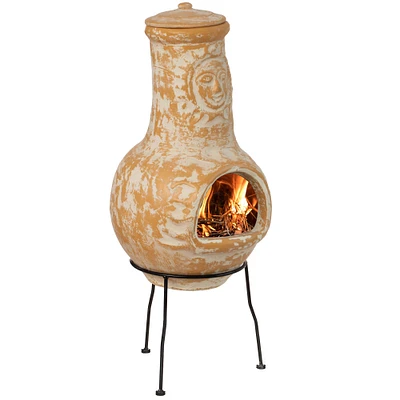 Vintiquewise Outdoor Clay Chiminea Fireplace Sun Design Wood Burning Fire Pit with Sturdy Metal Stand, Barbecue, Cocktail Party, Cozy