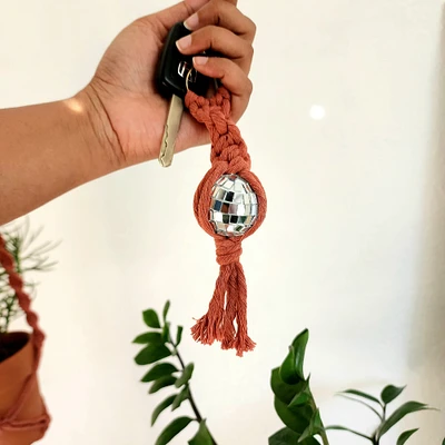 Macrame Disco Ball Keychain Charm, Handmade Retro Mirrorball Key Accessory, Mini Discoball Charm, Boho Gifts for Women, Trendy Keyring