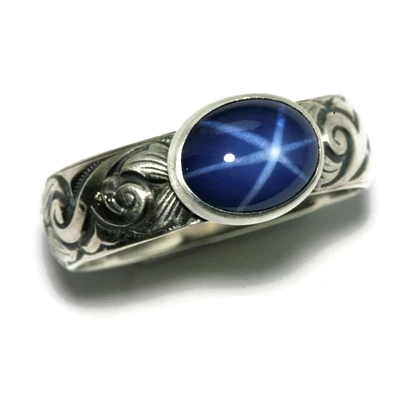 Oval Created Blue Star Sapphire Ring Flower Wave Pattern Vintage Silver 10x8mm by Salish Sea Inspirations
