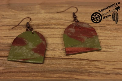 Clay Earrings: green, burnt red and transparent: stone shaped