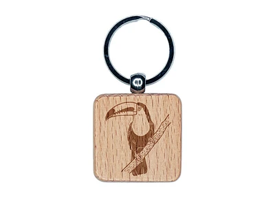 Keel-Billed Toucan on a Branch Engraved Wood Square Keychain Tag Charm