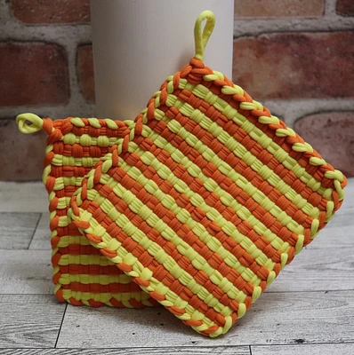 Handmade Loomed Potholder, Set of 2, Colorful Potholders, Orange and Yellow Trivets, Artisan Gifts, Kitchen Gift, Housewarming Gift