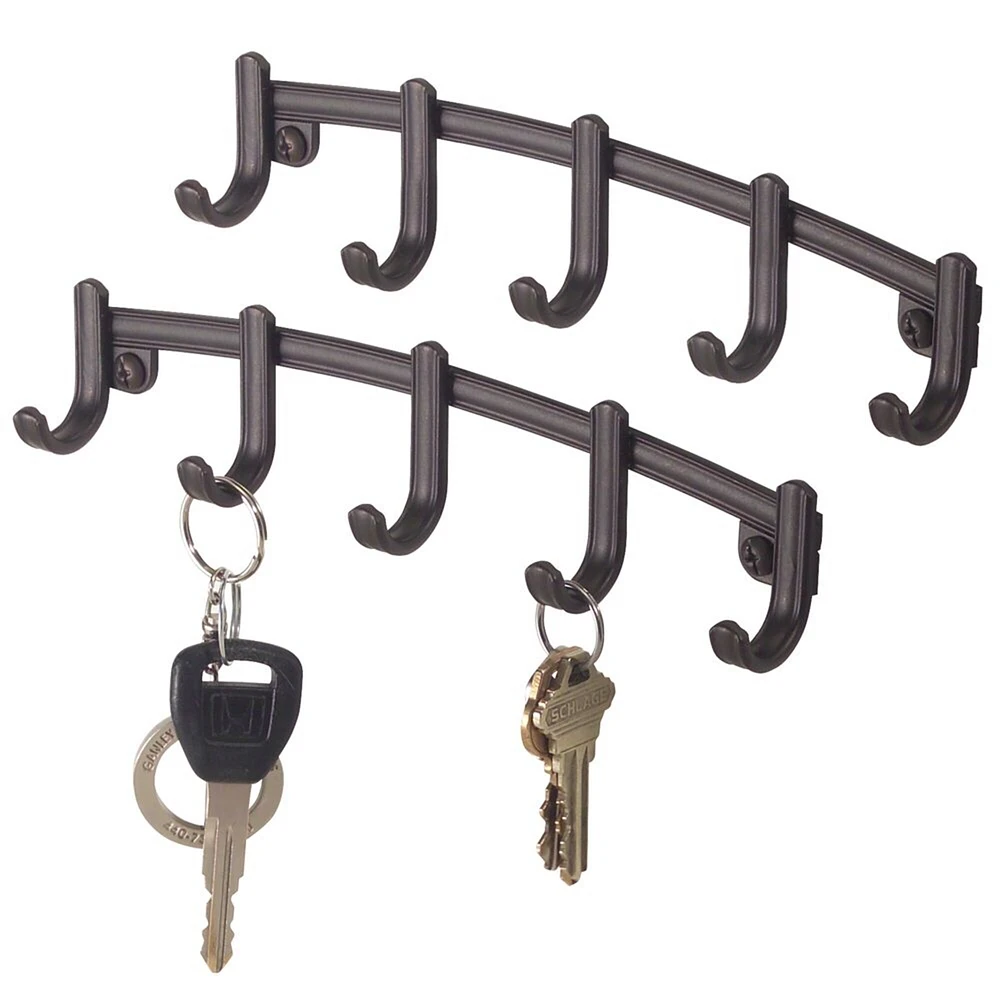 mDesign Small Wall Mount Key Ring Holder Hook Rack with 5 Hooks, 2 Pack