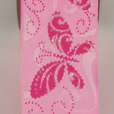 The Ribbon People Pink and Silver Butterfly Taffeta Wired Craft Ribbon 1.5" x 54 Yards